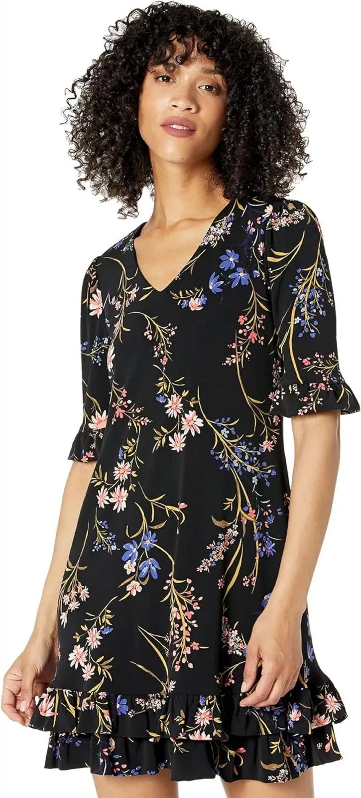 Cece Womens Short Sleeve Ruffled Garden Flora Knit Dress 7021719