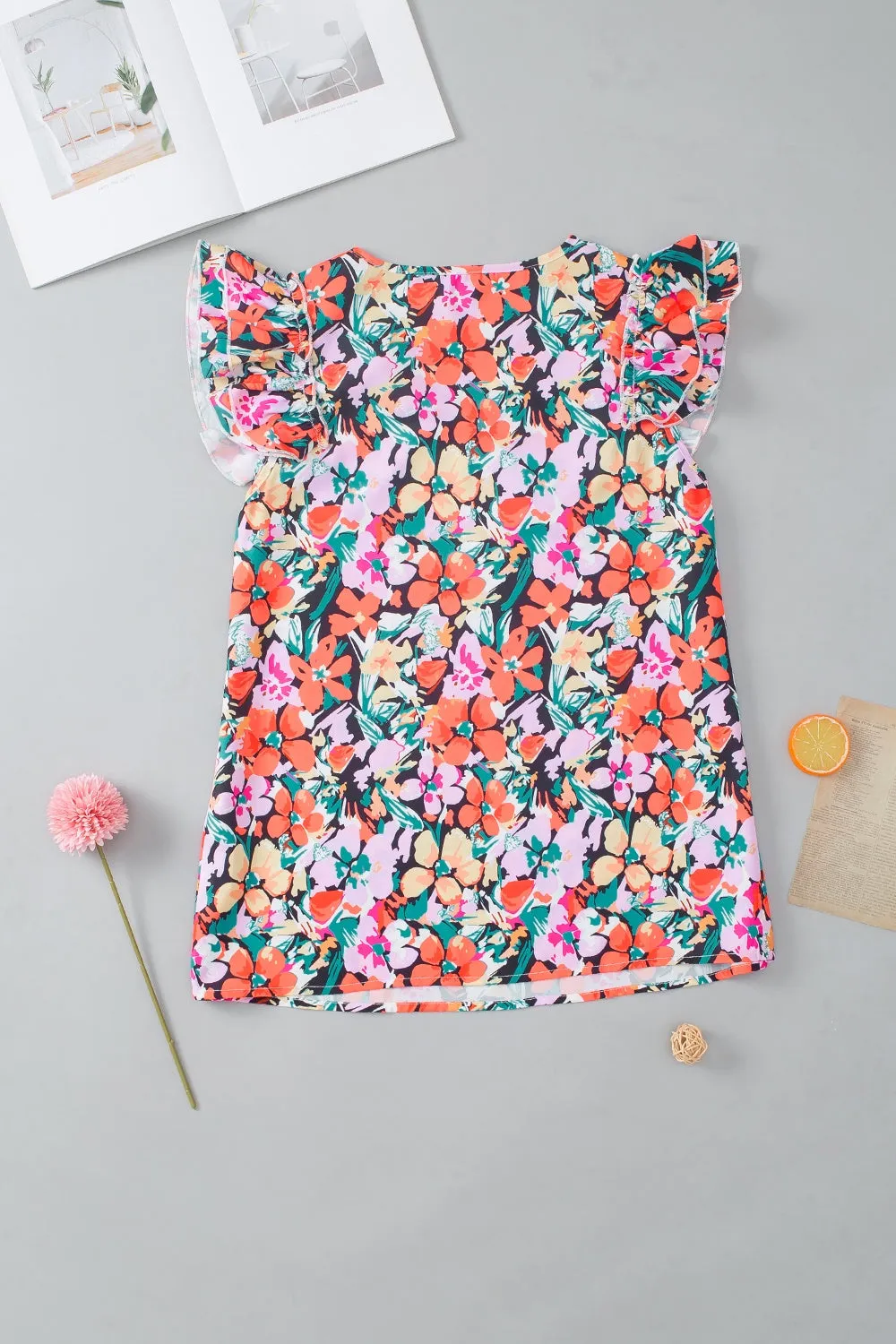 Cecile Ruffled Printed V-Neck Cap Sleeve Blouse