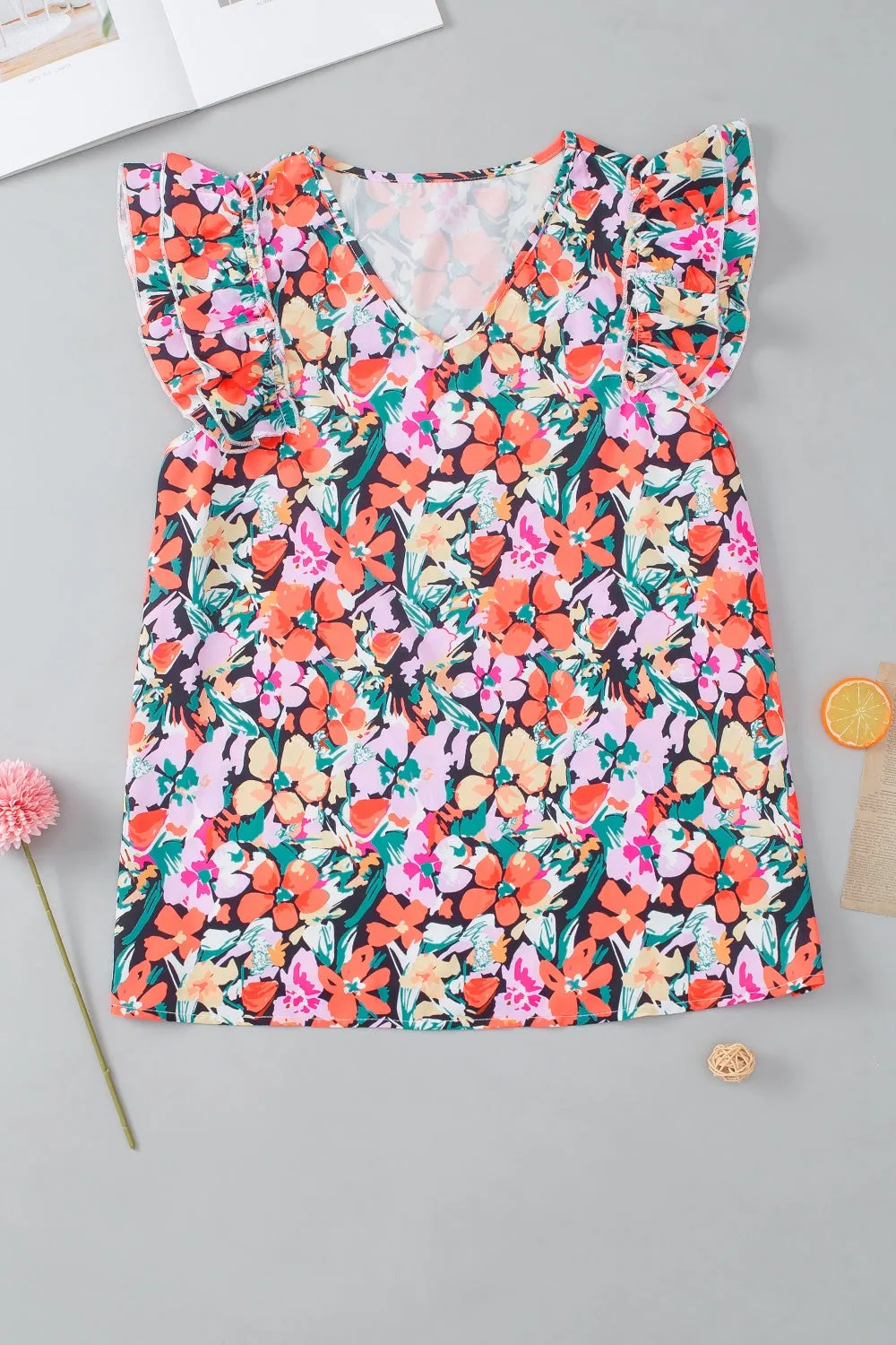 Cecile Ruffled Printed V-Neck Cap Sleeve Blouse