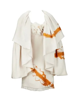 Chado Ralph Rucci Couture Y2K Bone Paint Stroke Dress and Cape Cocktail Ensemble with Ostrich Feathers
