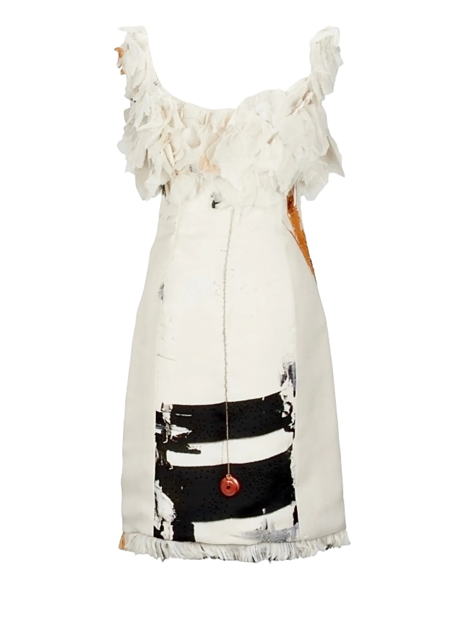 Chado Ralph Rucci Couture Y2K Bone Paint Stroke Dress and Cape Cocktail Ensemble with Ostrich Feathers