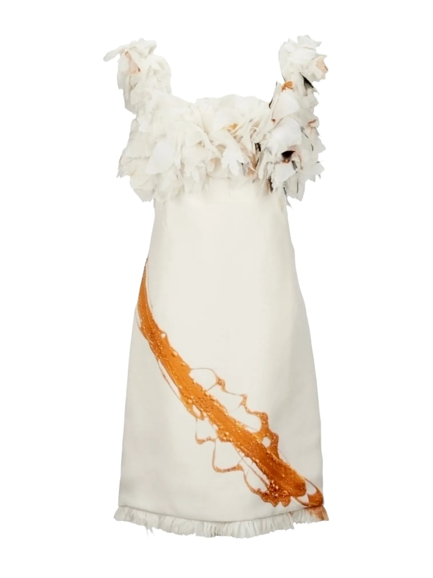 Chado Ralph Rucci Couture Y2K Bone Paint Stroke Dress and Cape Cocktail Ensemble with Ostrich Feathers