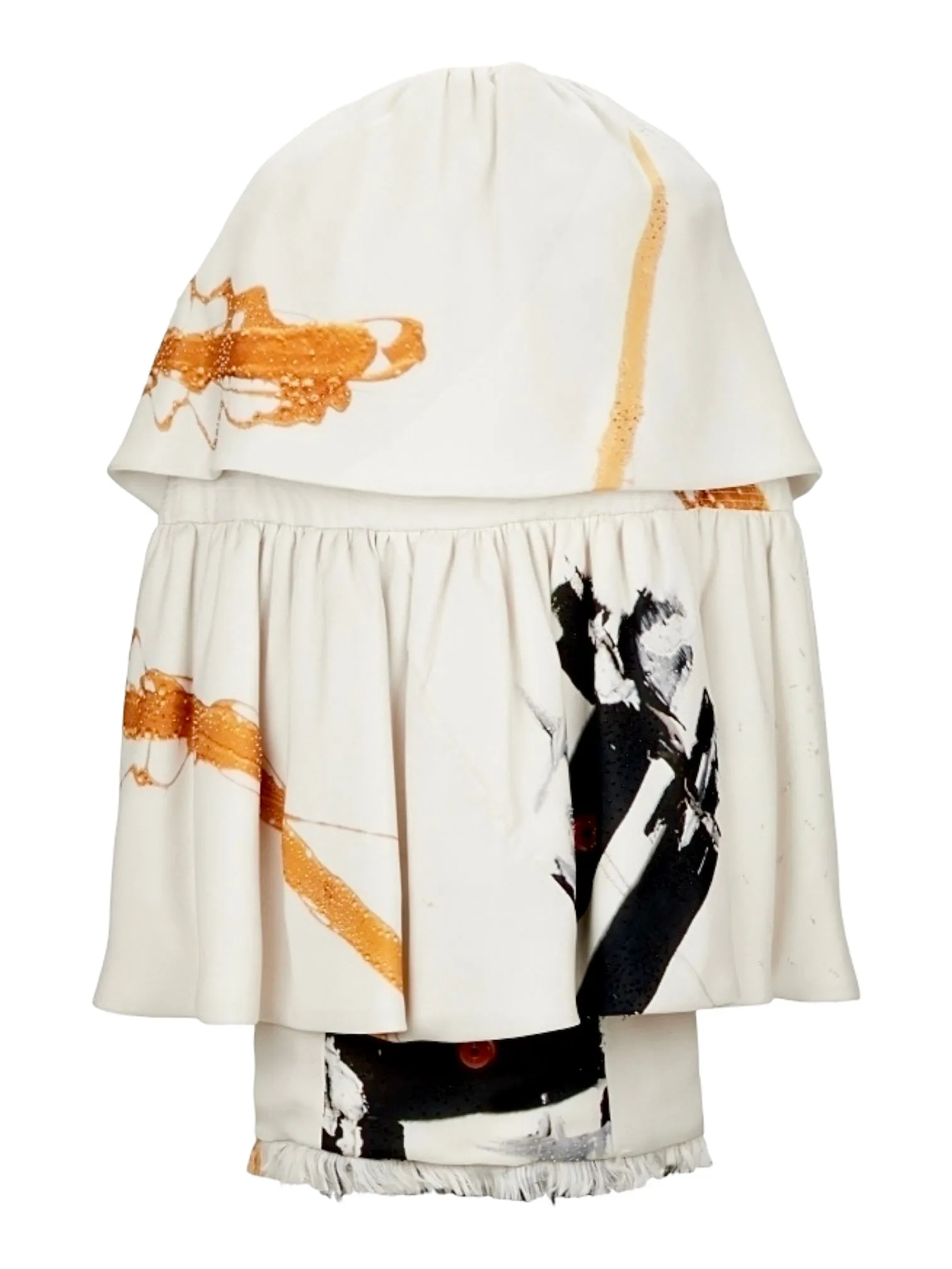 Chado Ralph Rucci Couture Y2K Bone Paint Stroke Dress and Cape Cocktail Ensemble with Ostrich Feathers