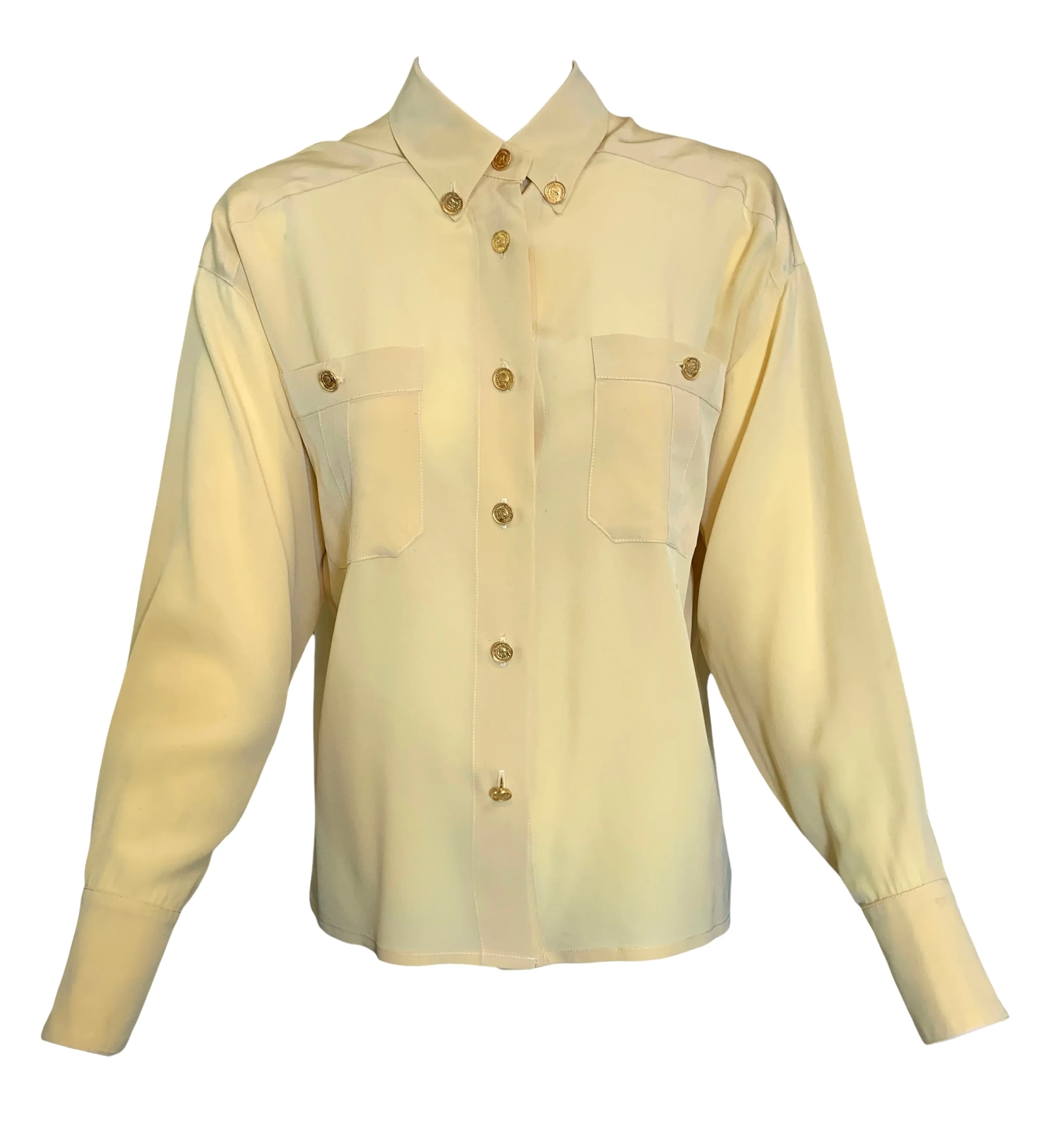 CHANEL Pale Yellow Button Up Crepe Blouse