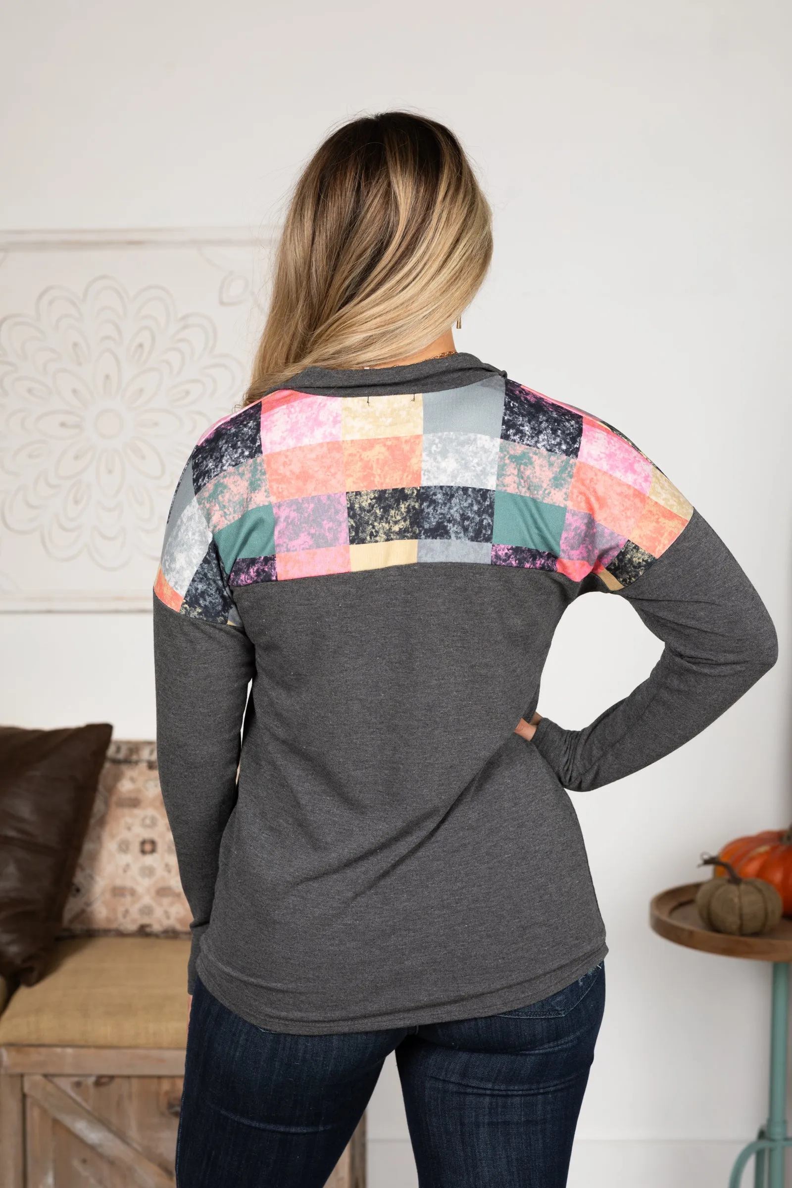 Charcoal Plaid Quarter Zip Knit Top