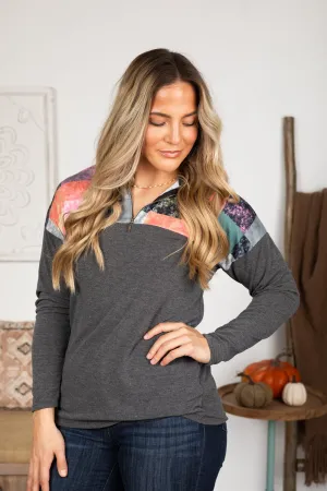 Charcoal Plaid Quarter Zip Knit Top