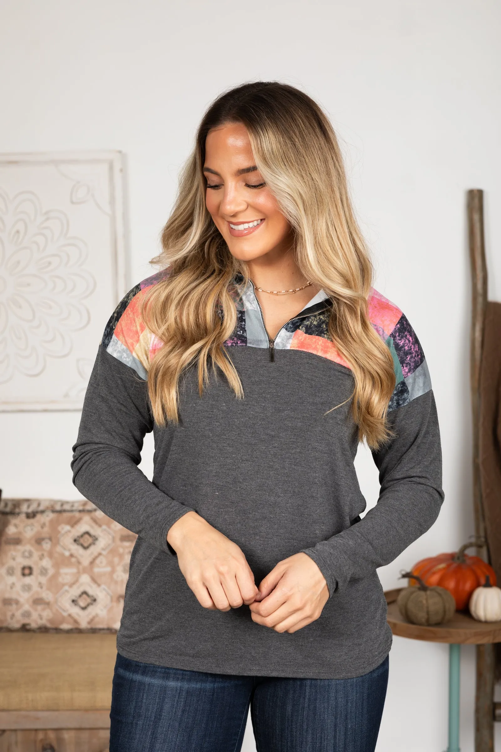 Charcoal Plaid Quarter Zip Knit Top