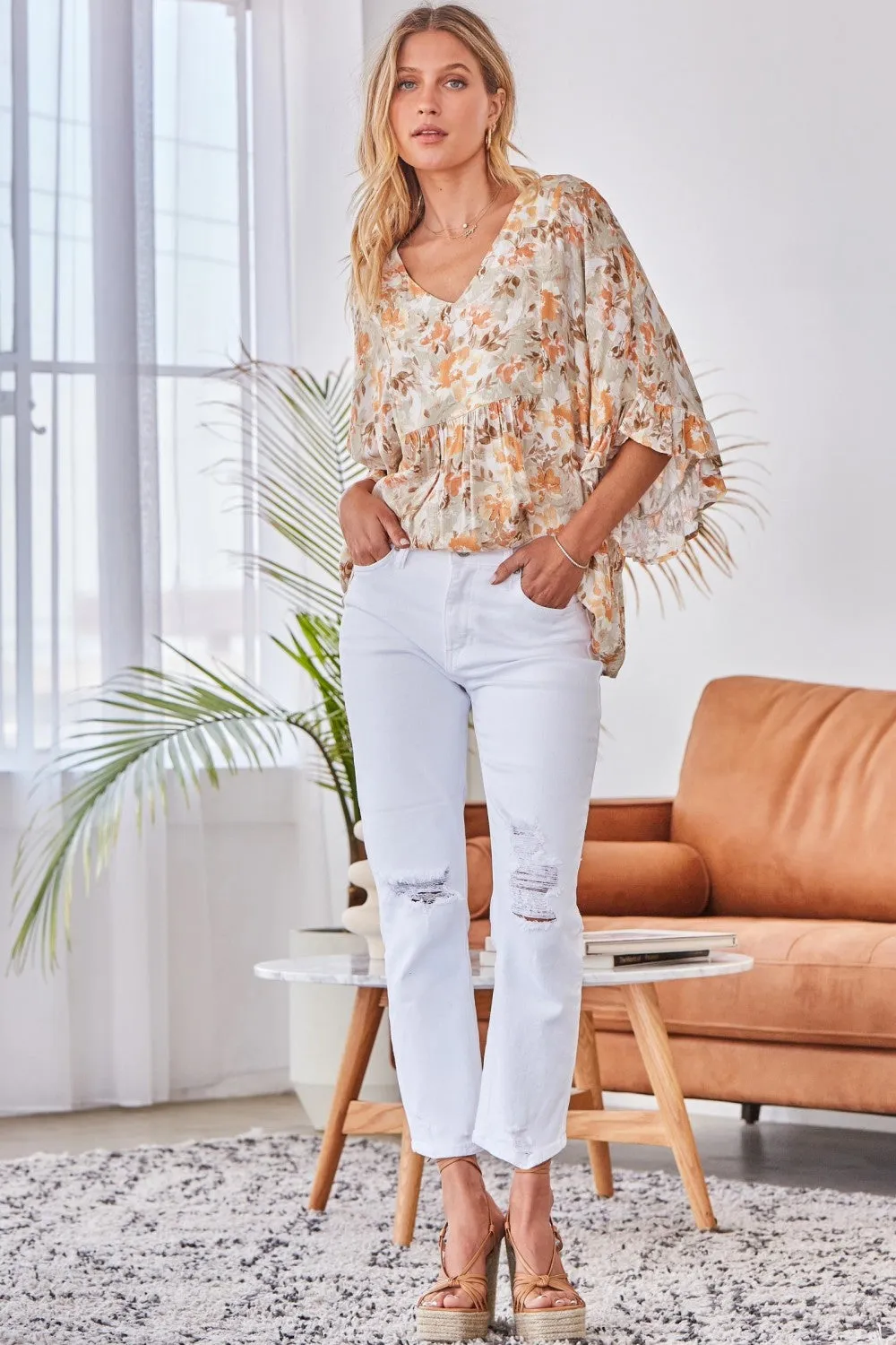 Charlotte Flowy Poncho Blouse with Ruffle Sleeves