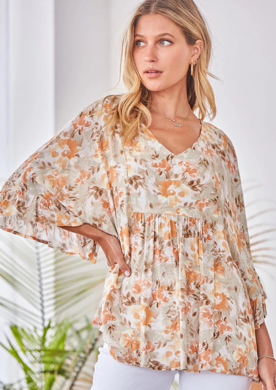 Charlotte Flowy Poncho Blouse with Ruffle Sleeves