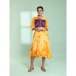 CHARUKRITI Yellow Rayon Printed Stitched Ethnic Dress