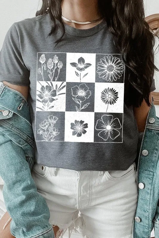 Checkered Boho Flower Graphic Tee