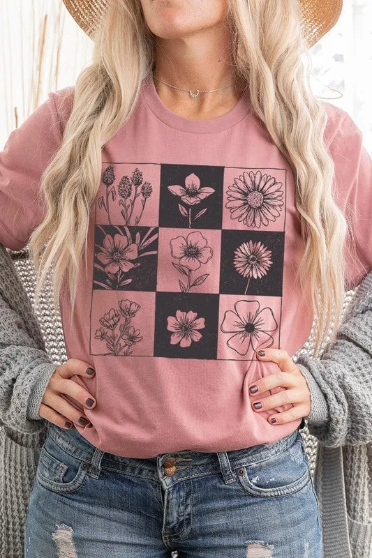 Checkered Boho Flower Graphic Tee