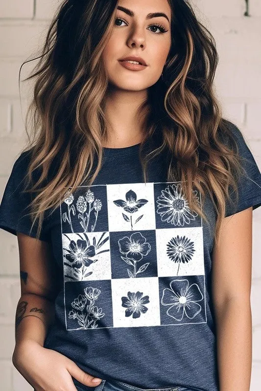 Checkered Boho Flower Graphic Tee