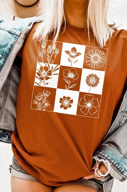 Checkered Boho Flower Graphic Tee