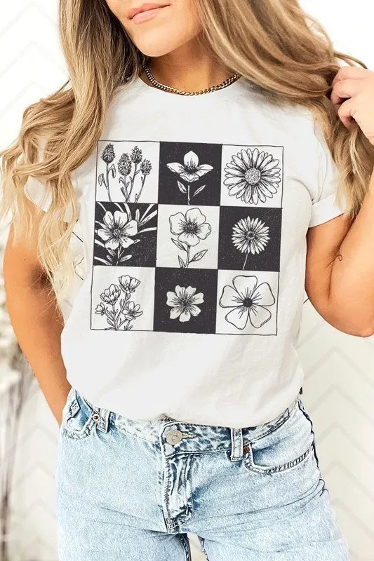 Checkered Boho Flower Graphic Tee