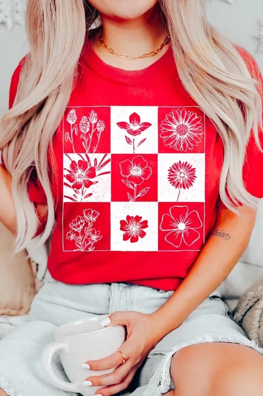 Checkered Boho Flower Graphic Tee