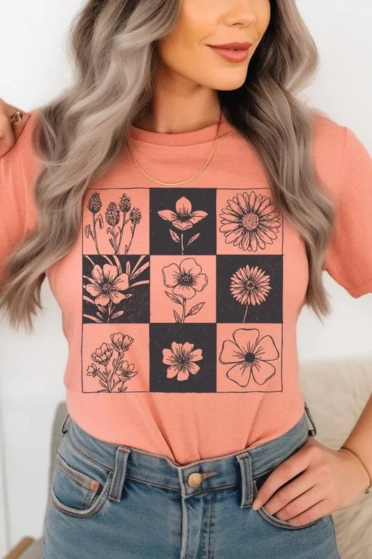 Checkered Boho Flower Graphic Tee