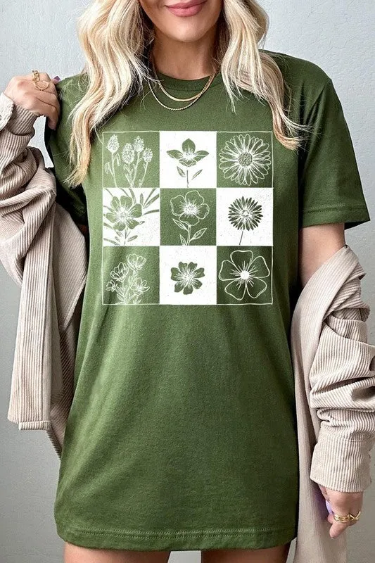 Checkered Boho Flower Graphic Tee