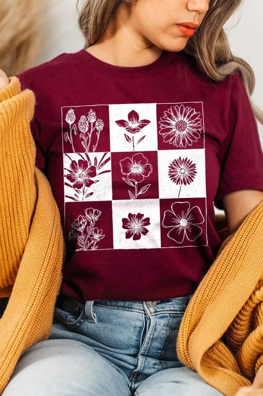 Checkered Boho Flower Graphic Tee