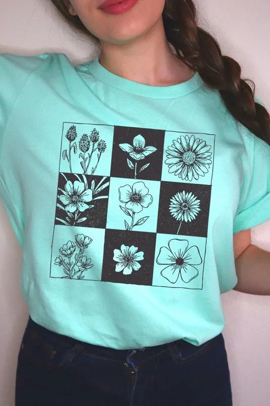 Checkered Boho Flower Graphic Tee
