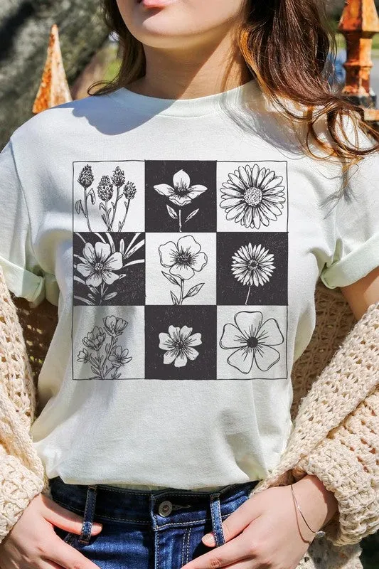 Checkered Boho Flower Graphic Tee