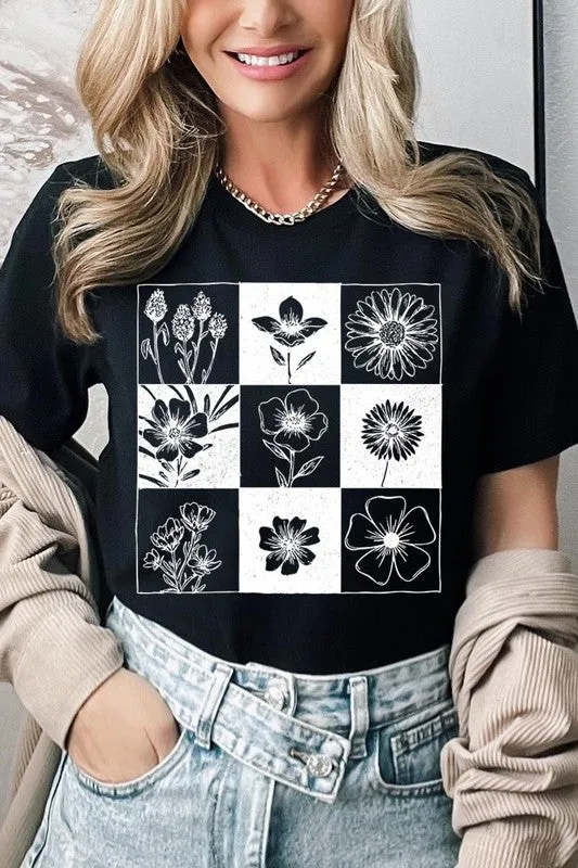 Checkered Boho Flower Graphic Tee