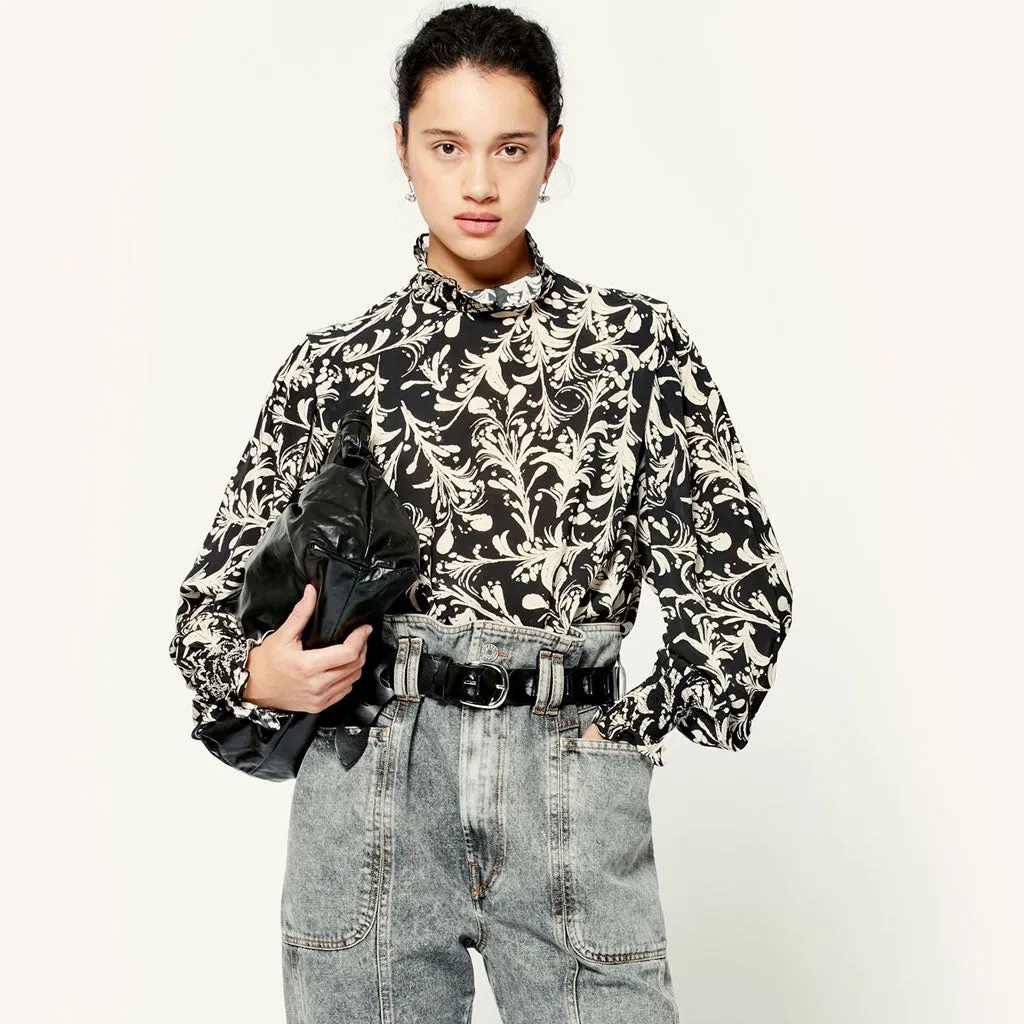 Chic Abstract Print Bishop Sleeve High Neck French Blouse - Black