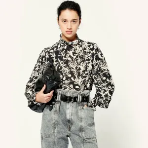 Chic Abstract Print Bishop Sleeve High Neck French Blouse - Black