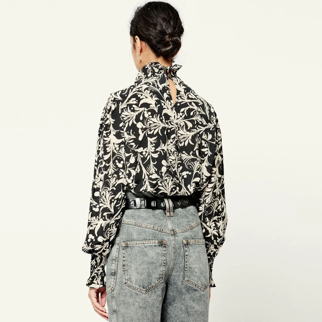Chic Abstract Print Bishop Sleeve High Neck French Blouse - Black