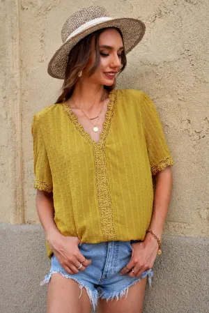 Chic Yellow Lace Splicing V-Neck Swiss Dot Short Sleeve Blouse