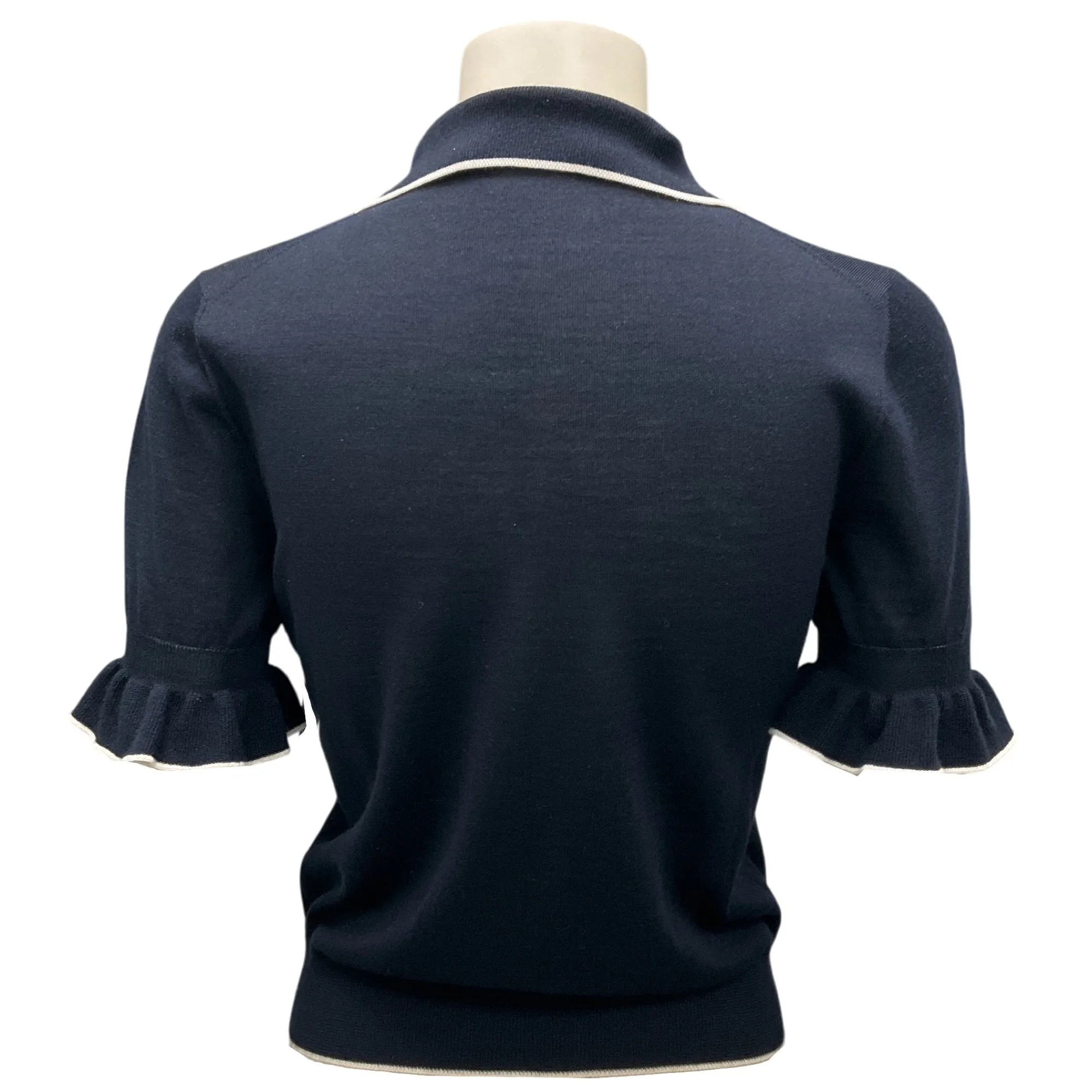 Christian Dior Navy Blue Ruffled Short Sleeved Cashmere and Silk Knit Sweater