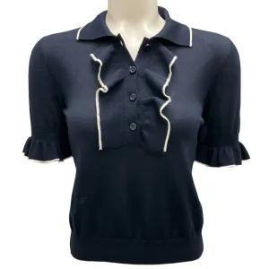 Christian Dior Navy Blue Ruffled Short Sleeved Cashmere and Silk Knit Sweater