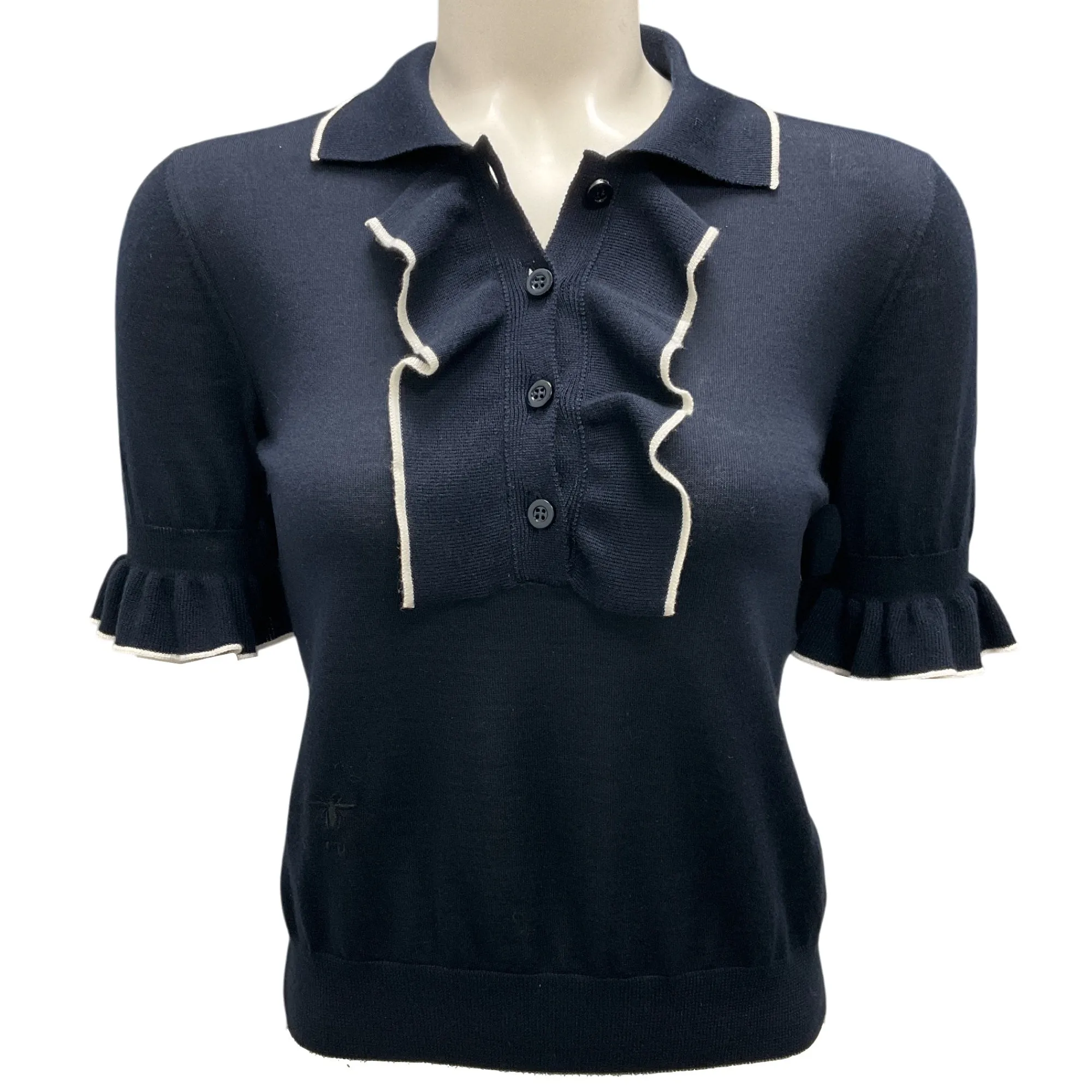 Christian Dior Navy Blue Ruffled Short Sleeved Cashmere and Silk Knit Sweater