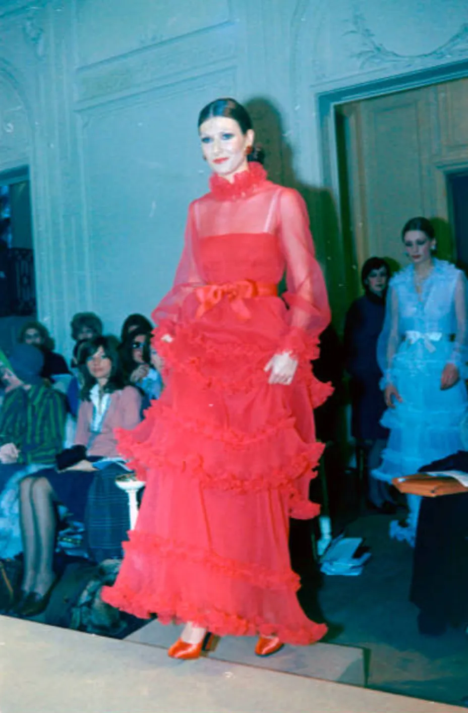 Christian Dior Spring 1973 Haute Couture Silk Gaazar Ruffled Gown