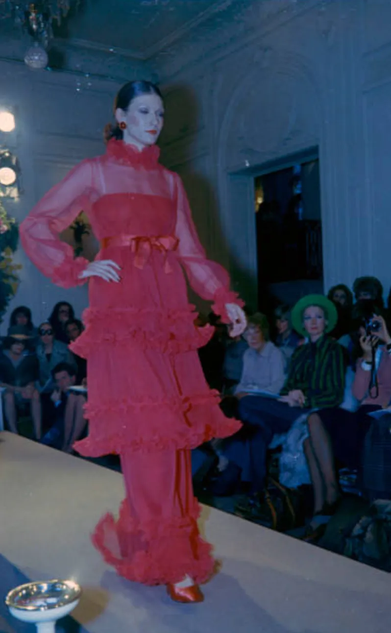 Christian Dior Spring 1973 Haute Couture Silk Gaazar Ruffled Gown