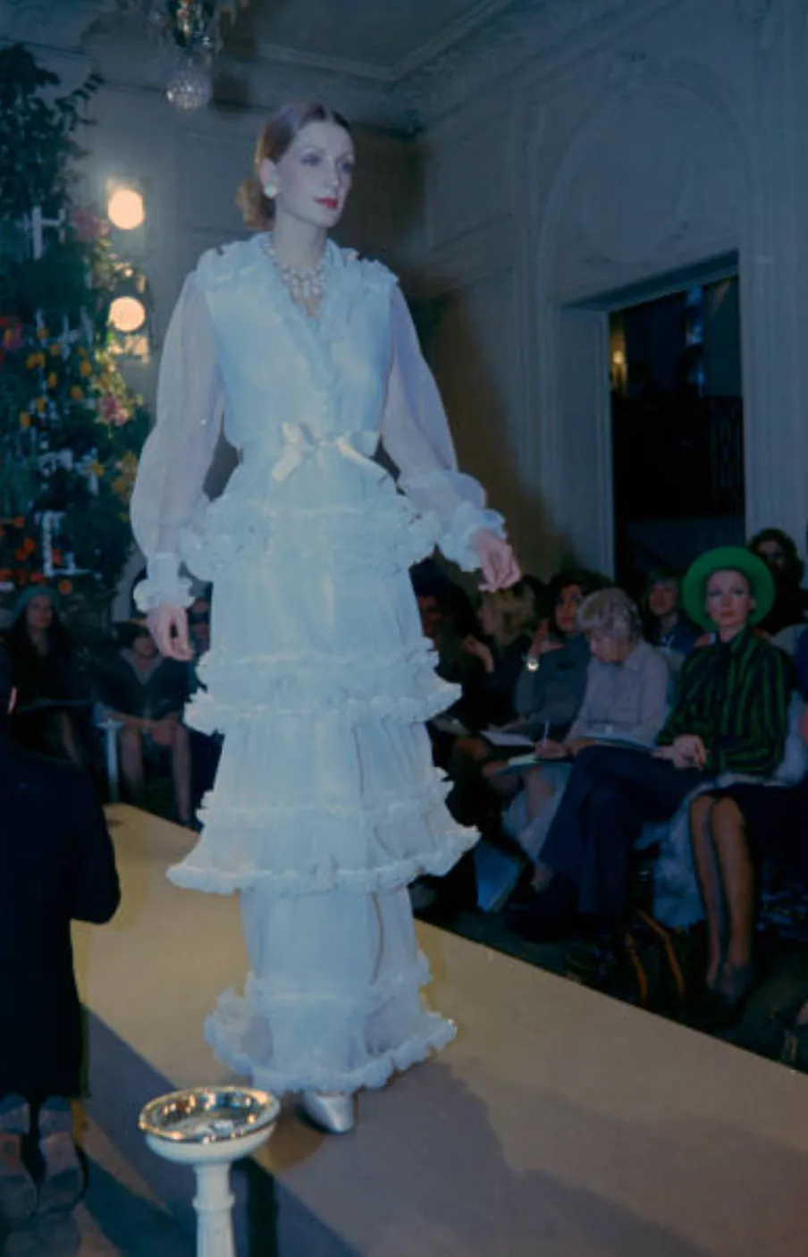 Christian Dior Spring 1973 Haute Couture Silk Gaazar Ruffled Gown