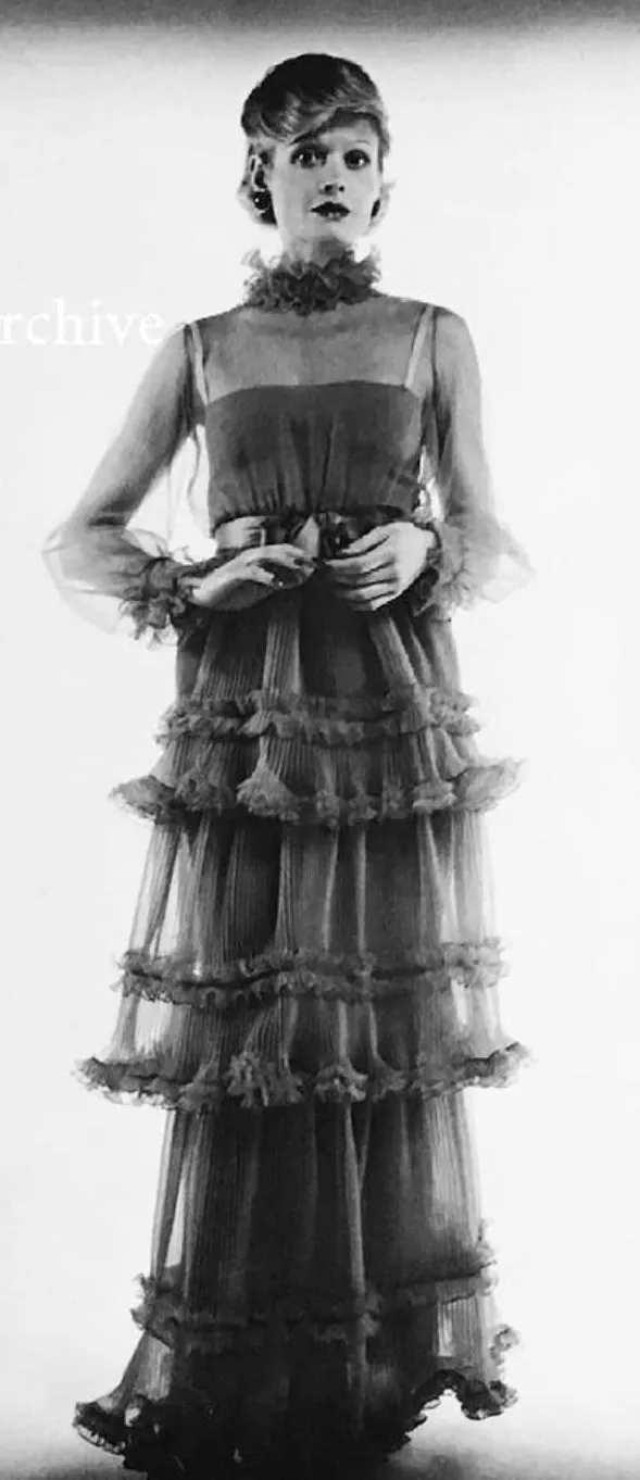 Christian Dior Spring 1973 Haute Couture Silk Gaazar Ruffled Gown