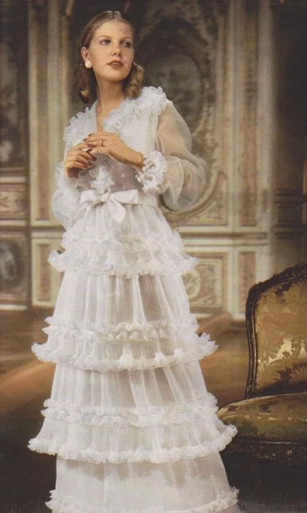 Christian Dior Spring 1973 Haute Couture Silk Gaazar Ruffled Gown