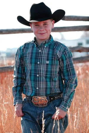 Cinch Boys Teal/Black Plaid Shirt