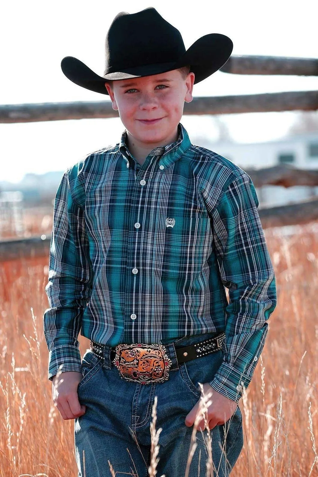 Cinch Boys Teal/Black Plaid Shirt