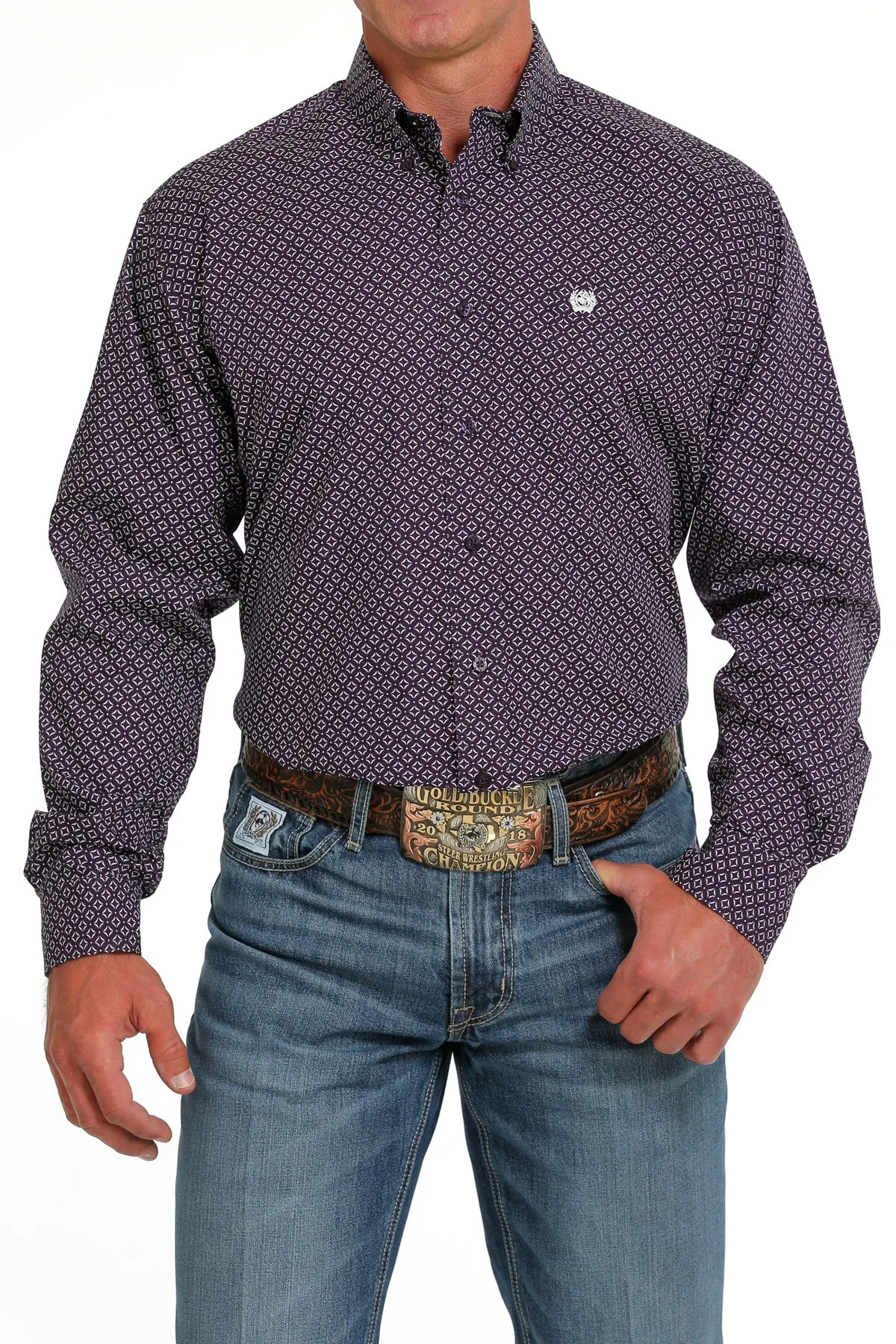 Cinch Men's Purple and White Geometric Button Down Western Shirt