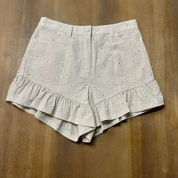 Cinq à SeptNeema Rhinestone Seersucker Shorts Size 6 Ruffle Hem