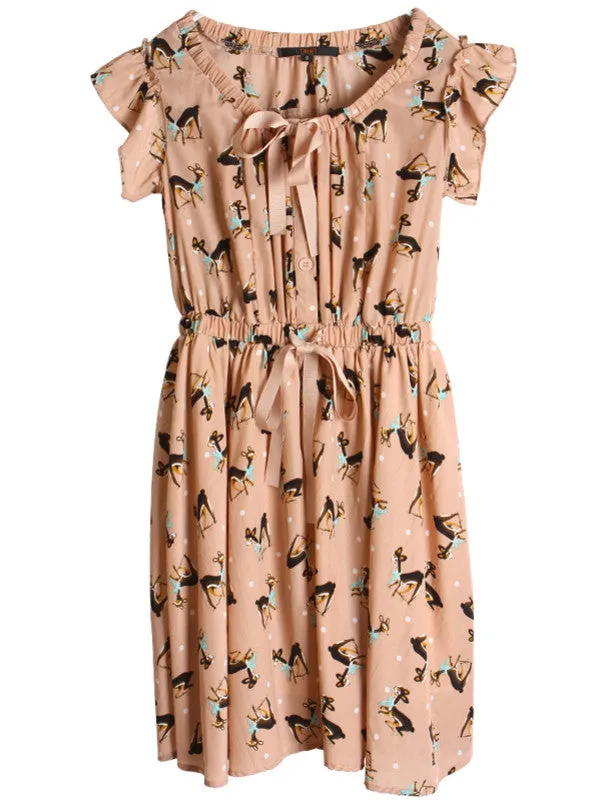 Clearance - snow deer bowknot dress in beige
