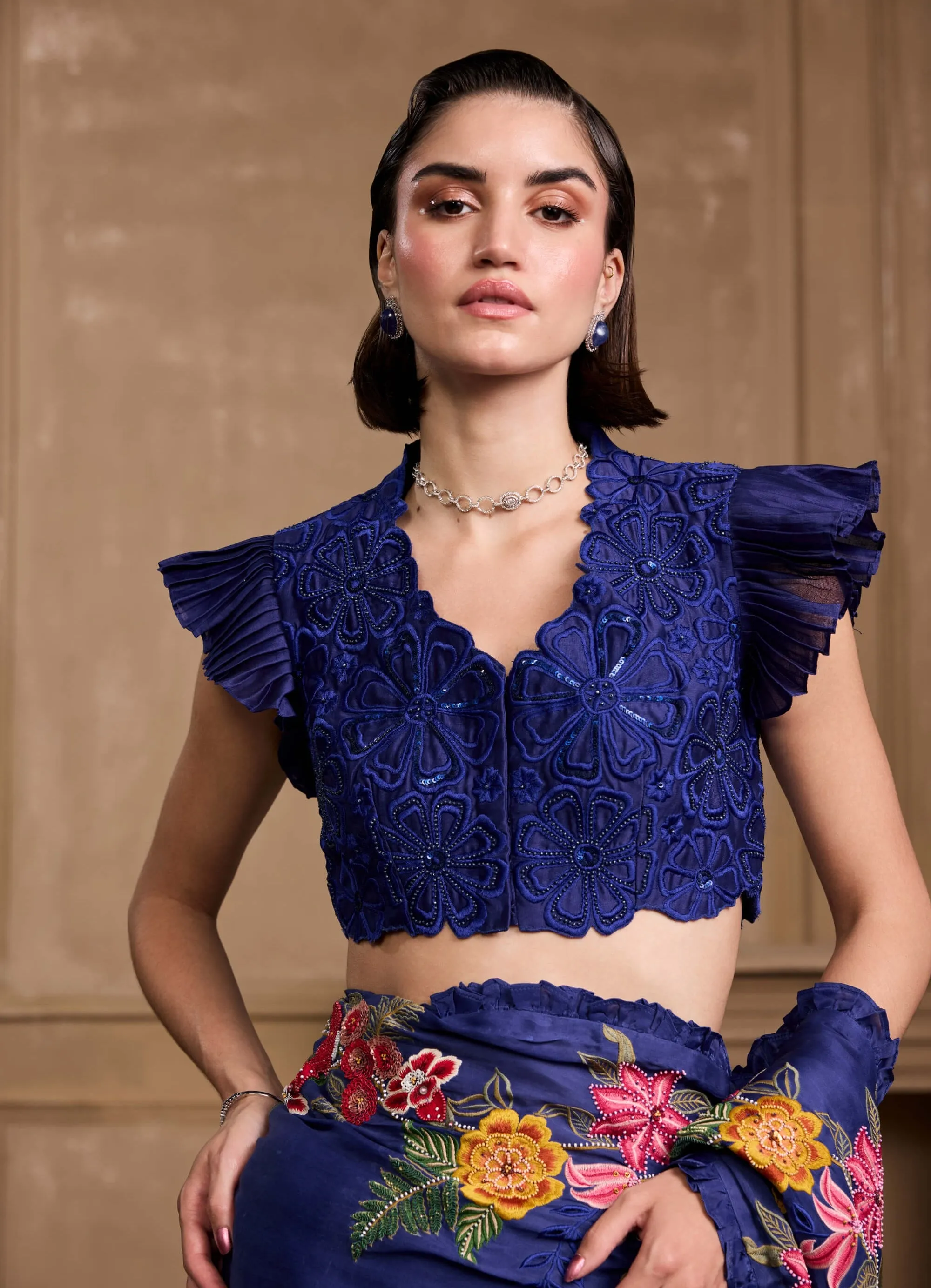 Cobalt blue floral ruffled top and sari