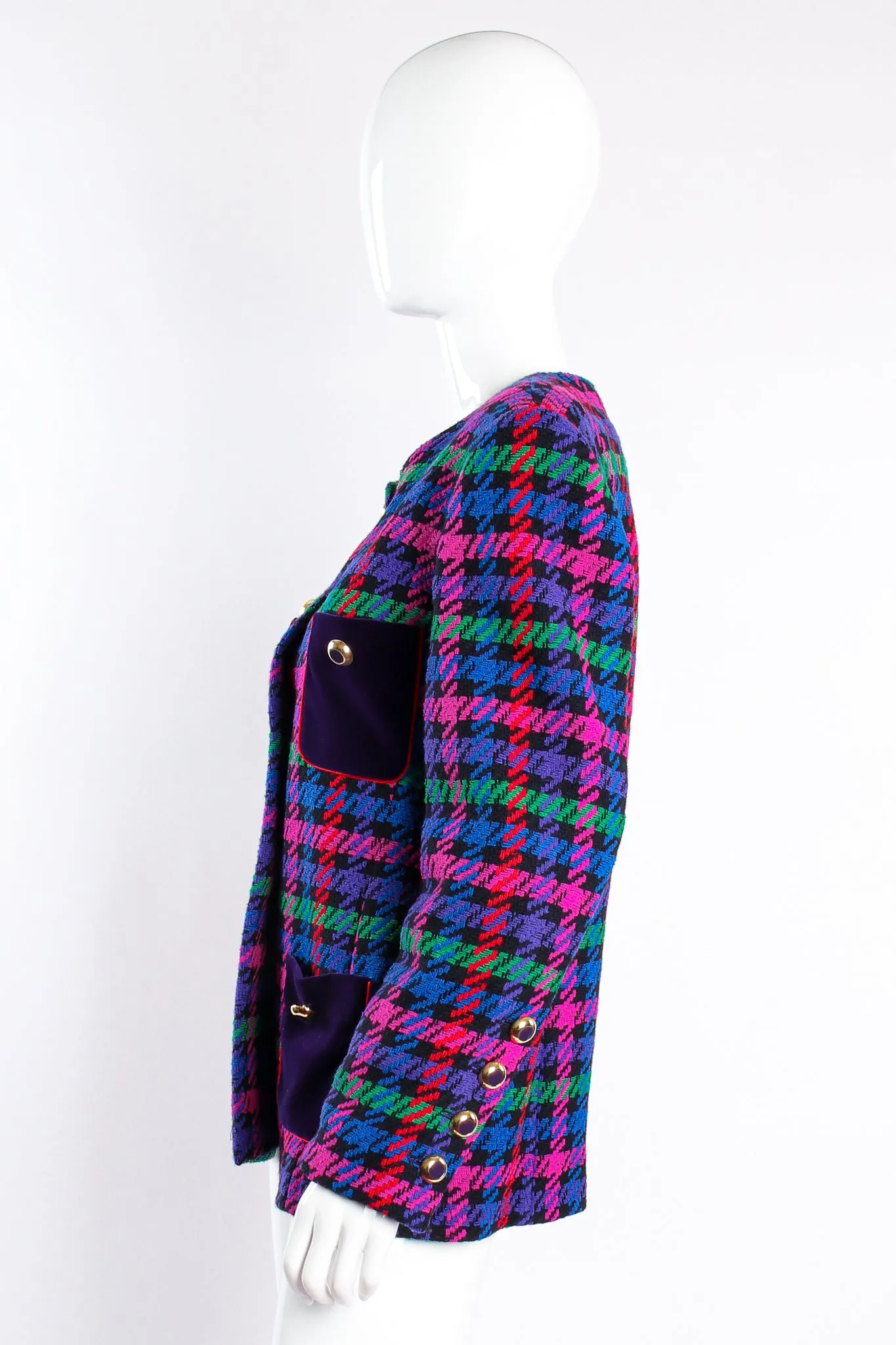 Collarless Jewel Plaid Tweed Jacket