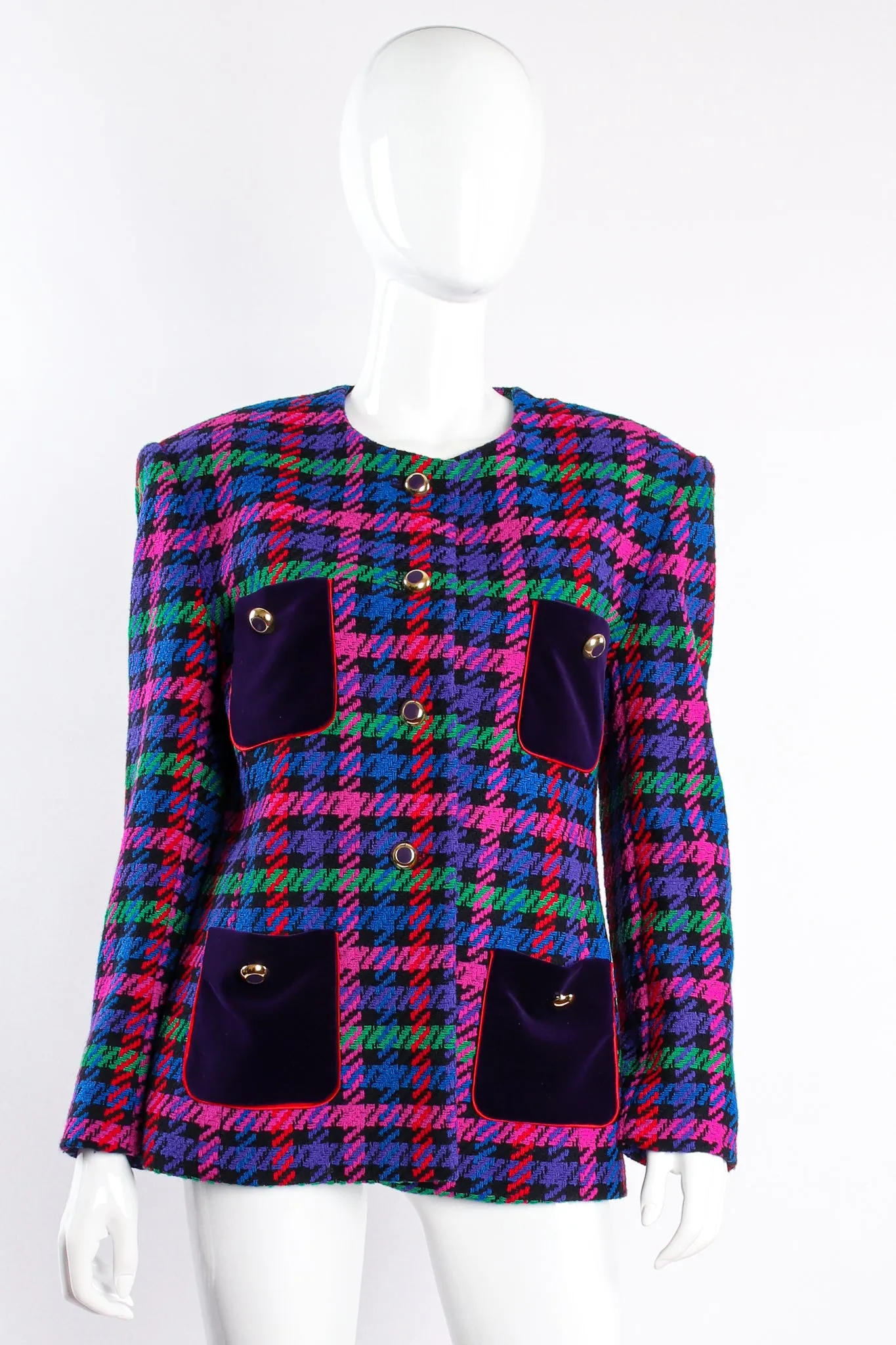 Collarless Jewel Plaid Tweed Jacket