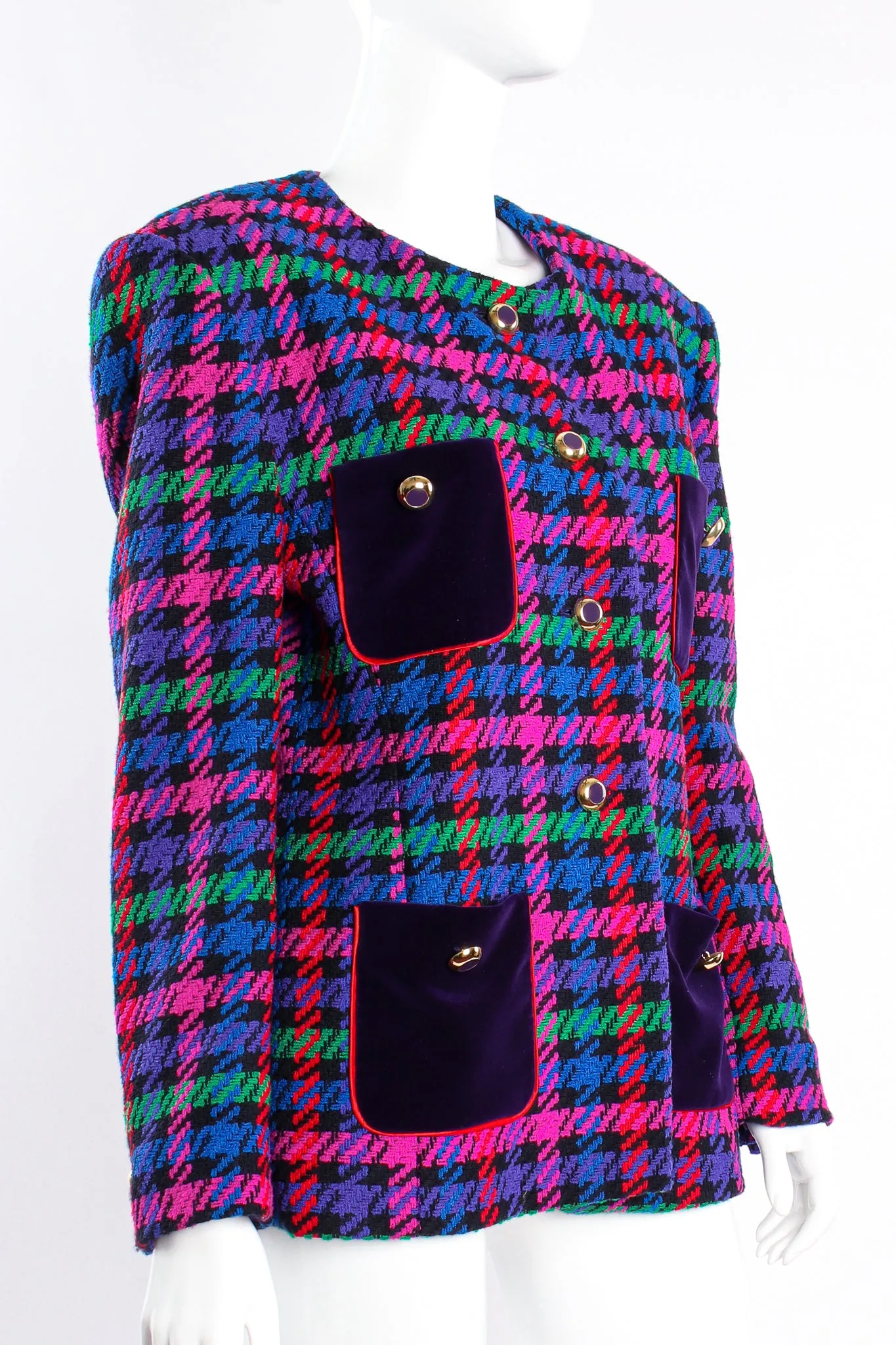 Collarless Jewel Plaid Tweed Jacket