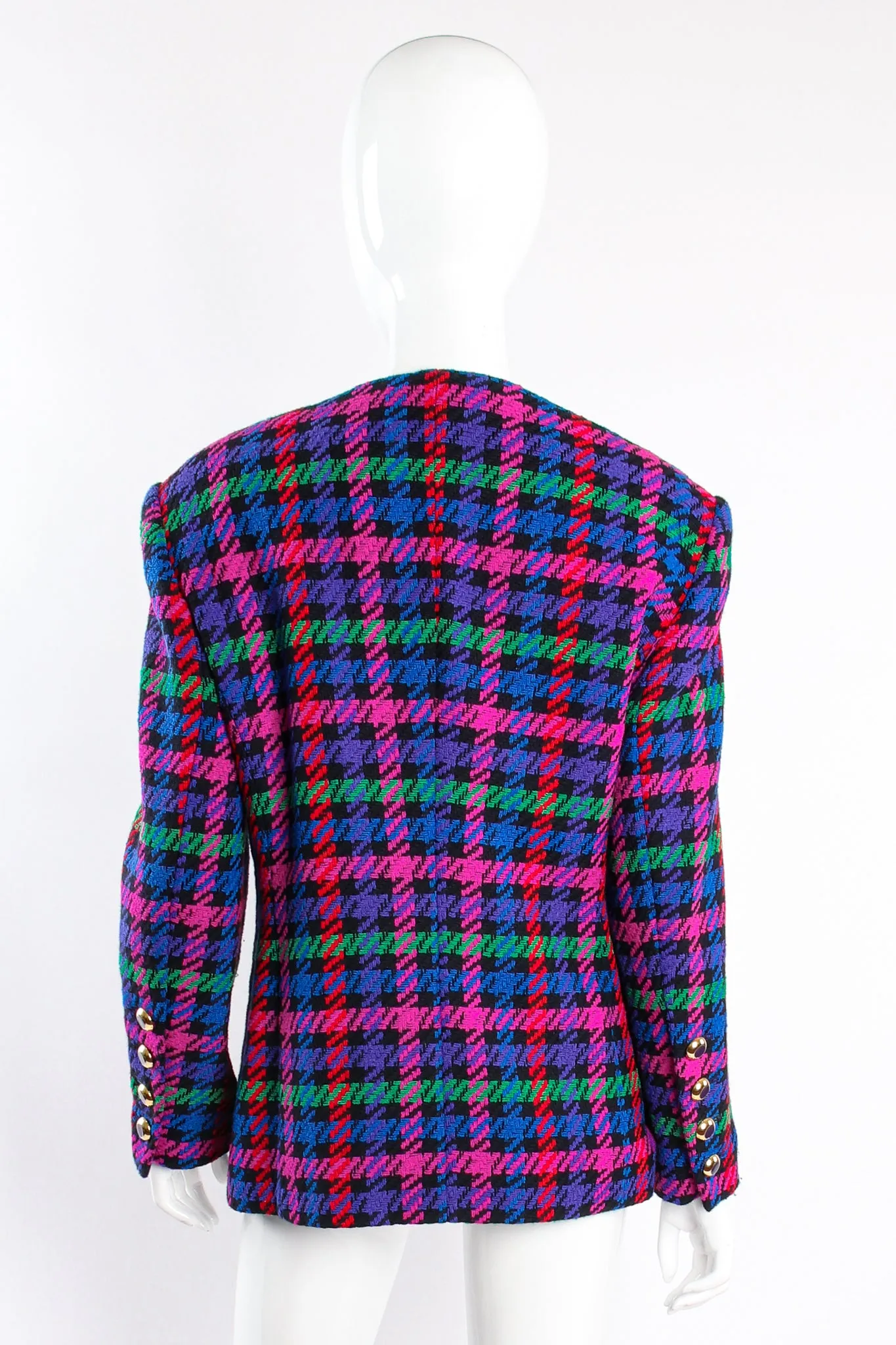 Collarless Jewel Plaid Tweed Jacket