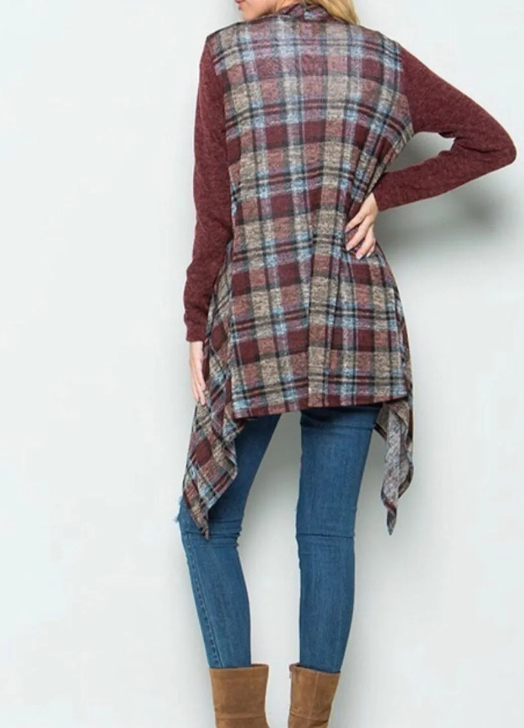 Color Block Plaid Open Cardigan ~ Blue & Burgundy