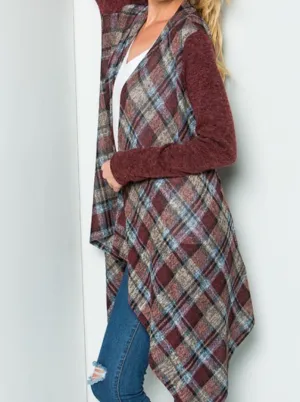 Color Block Plaid Open Cardigan ~ Blue & Burgundy